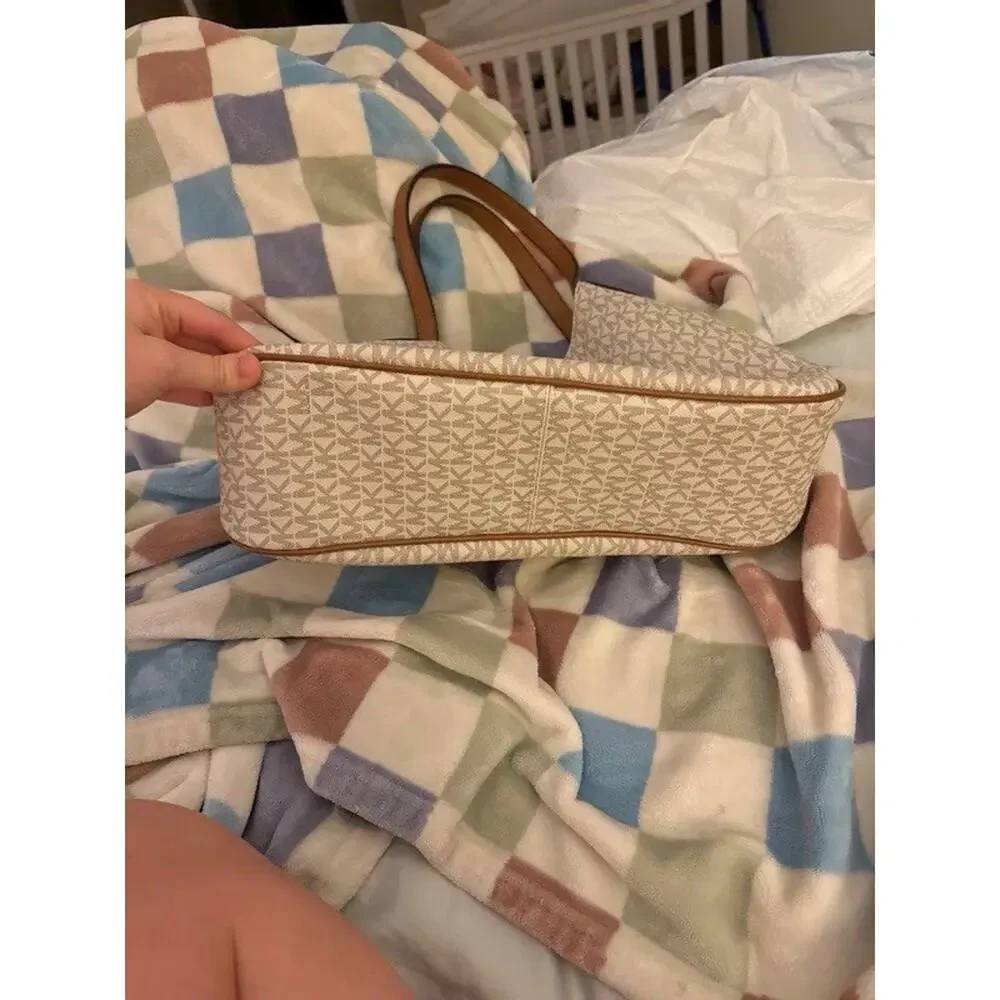 Michael Kors Signature Monogram Large Zip Tote Beige Brown Shoulder Strap Gold